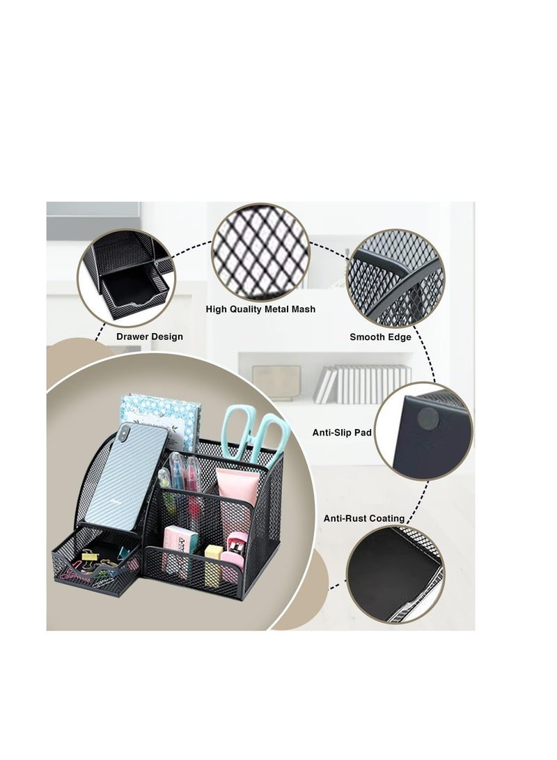 Terabyte Mesh Desk Organizer Office Supplies Multi-Functional Caddy Pen Holder Stationery Organizer for Office, Home, School, Classroom (6 Compartments and 1 Drawer) - Image 3