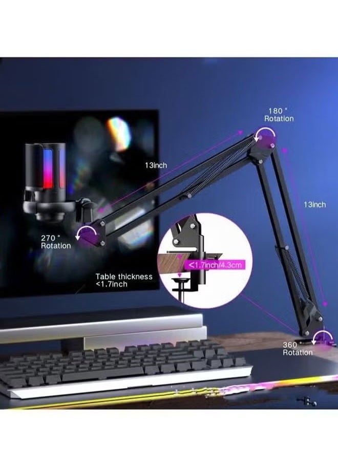 ميكروفون للألعاب، ميكروفون USB PC لمقاطع الفيديو الصوتية، البث، ميكروفون مكثف مع كتم سريع، حامل ثلاثي القوائم، مرشح بوب، مؤشر RGB، حامل الصدمات، زر كسب التدوير، متوافق مع PS4/5/PC أسود