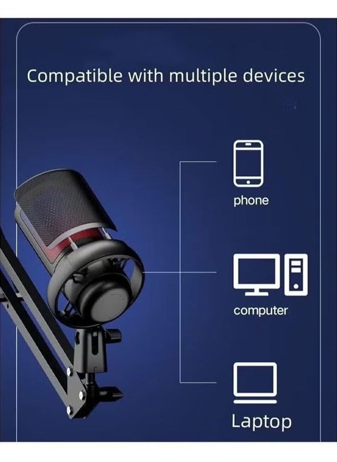 ميكروفون للألعاب، ميكروفون USB PC لمقاطع الفيديو الصوتية، البث، ميكروفون مكثف مع كتم سريع، حامل ثلاثي القوائم، مرشح بوب، مؤشر RGB، حامل الصدمات، زر كسب التدوير، متوافق مع PS4/5/PC أسود