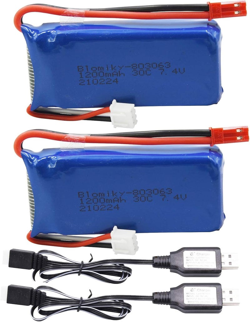 Blomiky 2 Pack 7.4V 1200mAH Lipo Battery Pack with JST Plug and USB Cable Replacement for UDIRC UD1601 UD1602 Pro Fisca Cheewing 1/16 Scale RC Truck RC Helicopter Drone Vehicles / X6 Battery and USB 2 - Image 3