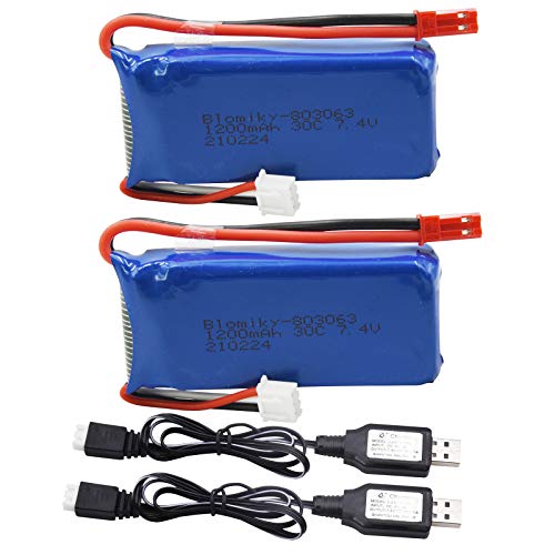 Blomiky 2 Pack 7.4V 1200mAH Lipo Battery Pack with JST Plug and USB Cable Replacement for UDIRC UD1601 UD1602 Pro Fisca Cheewing 1/16 Scale RC Truck RC Helicopter Drone Vehicles / X6 Battery and USB 2 - Image 1