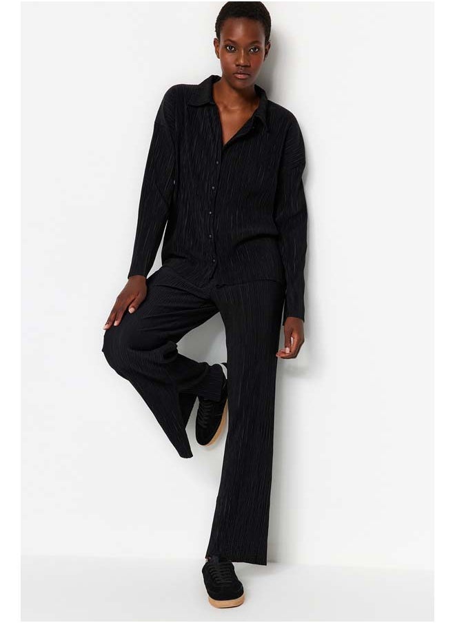 Black Pleated Regular Buttoned Knitted Two Piece Set TWOAW24AU00073