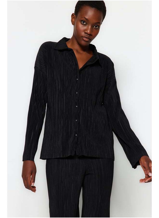 Black Pleated Regular Buttoned Knitted Two Piece Set TWOAW24AU00073