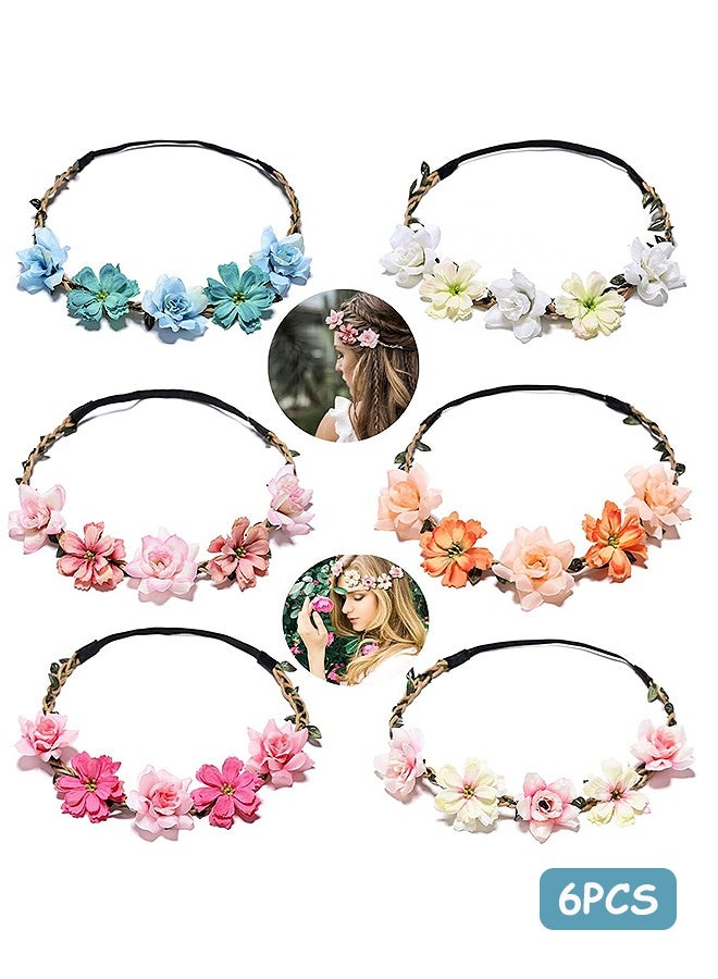 Photon 6 Pcs Boho Floral Hair Accessories, Flower Wreath Headband, Pink Headband & Headpiece for Weddings Bridesmaids Flower Girls Tea Party - Image 1