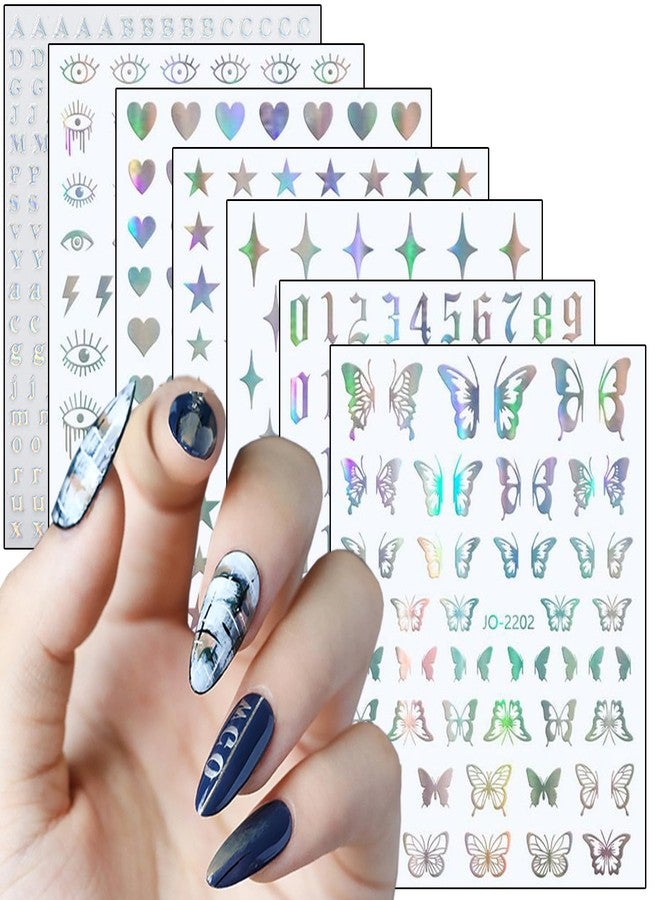 Vezocim 7 Sheets Silver Nail Art Stickers, Butterfly Heart Letters Numbers Stars Eyes Nail Self-Adhesive Sticker Design, 3D Geometry Nail Transfer Decals for Women Girls Manicure Charms Decorations - Image 1