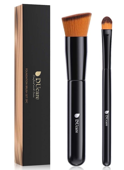 2Pcs Foundation Brush and Concealer Brush Professional Flat Top Kabuki Brush for Face Synthetic Liquid Blending Mineral Powder Makeup Tools