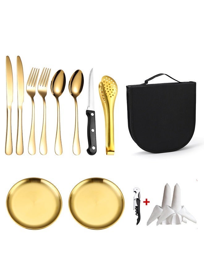 13 Pcs Silverware Flatware Cutlery Set Camping Silverware Set with Carry Pouch Camping Cutlery Kit Stainless Steel Picnic Utensils Portable Camping Mess Kit with Plates forks Spoons Outdoor Travel Tableware Set ，Apply to BBQ Picnic Hiking - Image 3