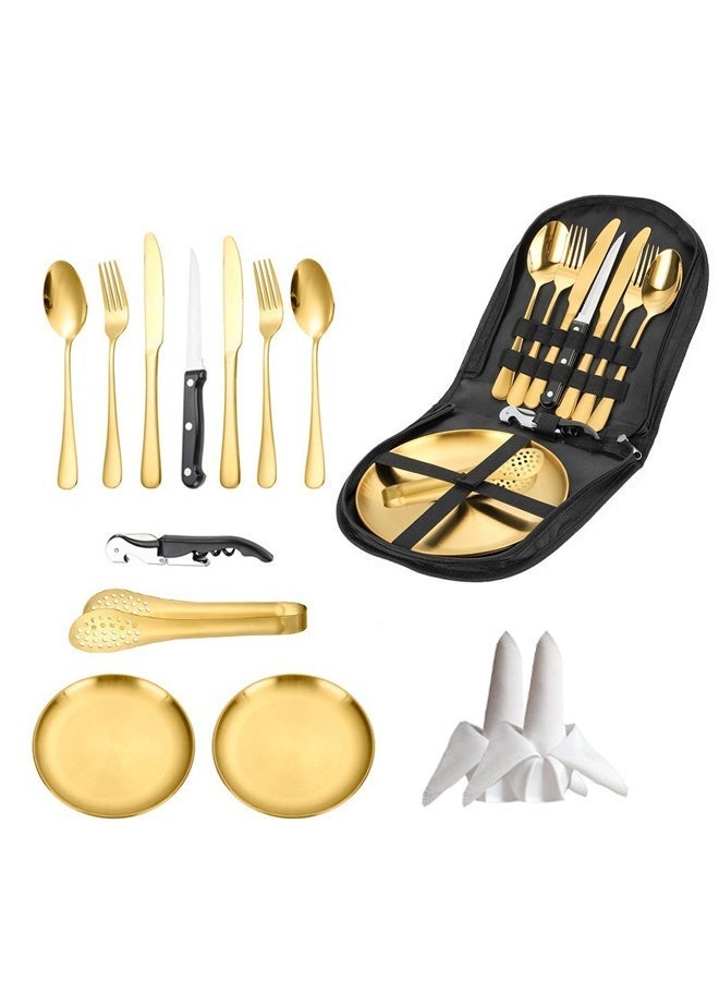 13 Pcs Silverware Flatware Cutlery Set Camping Silverware Set with Carry Pouch Camping Cutlery Kit Stainless Steel Picnic Utensils Portable Camping Mess Kit with Plates forks Spoons Outdoor Travel Tableware Set ，Apply to BBQ Picnic Hiking - Image 1