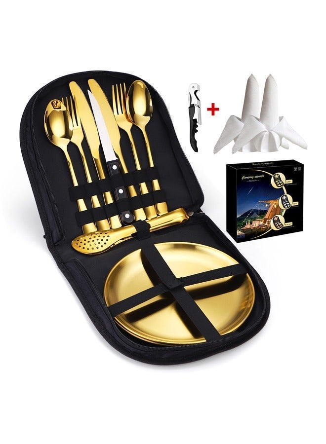 13 Pcs Silverware Flatware Cutlery Set Camping Silverware Set with Carry Pouch Camping Cutlery Kit Stainless Steel Picnic Utensils Portable Camping Mess Kit with Plates forks Spoons Outdoor Travel Tableware Set ，Apply to BBQ Picnic Hiking - Image 2