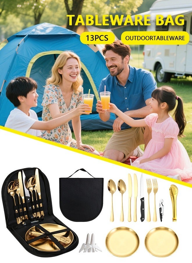 13 Pcs Silverware Flatware Cutlery Set Camping Silverware Set with Carry Pouch Camping Cutlery Kit Stainless Steel Picnic Utensils Portable Camping Mess Kit with Plates forks Spoons Outdoor Travel Tableware Set ，Apply to BBQ Picnic Hiking - Image 4