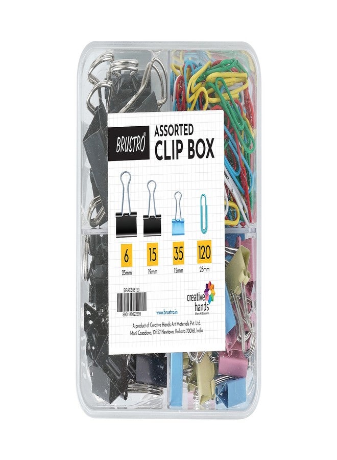 BRUSTRO Assorted Clip Box | Includes 120 Paper Clips-28mm & 56 Binder Clips (25mm- 6 pcs| 19mm- 15 pcs| 15mm- 35pcs) | Home, Office, Stationery use, Ideal for Kids and Adults, Reusable, Flexible - Image 1