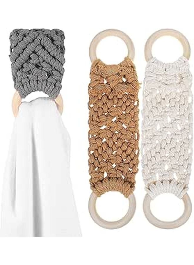 Handmade Macrame Towel Holder Rings 3pcs White Gray Light Brown Boho Kitchen Bathroom Hangers - Image 1