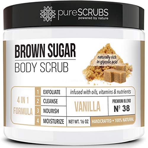 pureSCRUBS Premium Vanilla Brown Sugar Scrub | Face, Feet & Full Body Scrub | Large 16oz Jar Includes Wooden Spoon, Loofah & Mini Exfoliating Bar Soap - Image 1