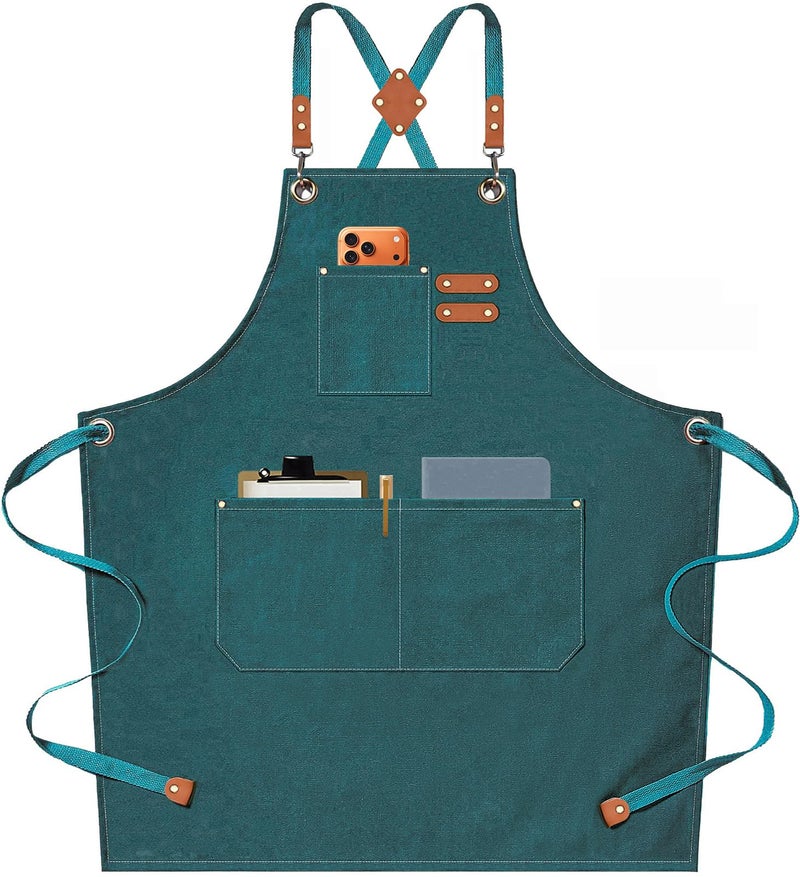 AFUN Chef Aprons for Men Women with Oversized Pockets, 16-Ounce Cotton Canvas Cross Back Heavy Duty Work Apron (Dark Green) - Image 1