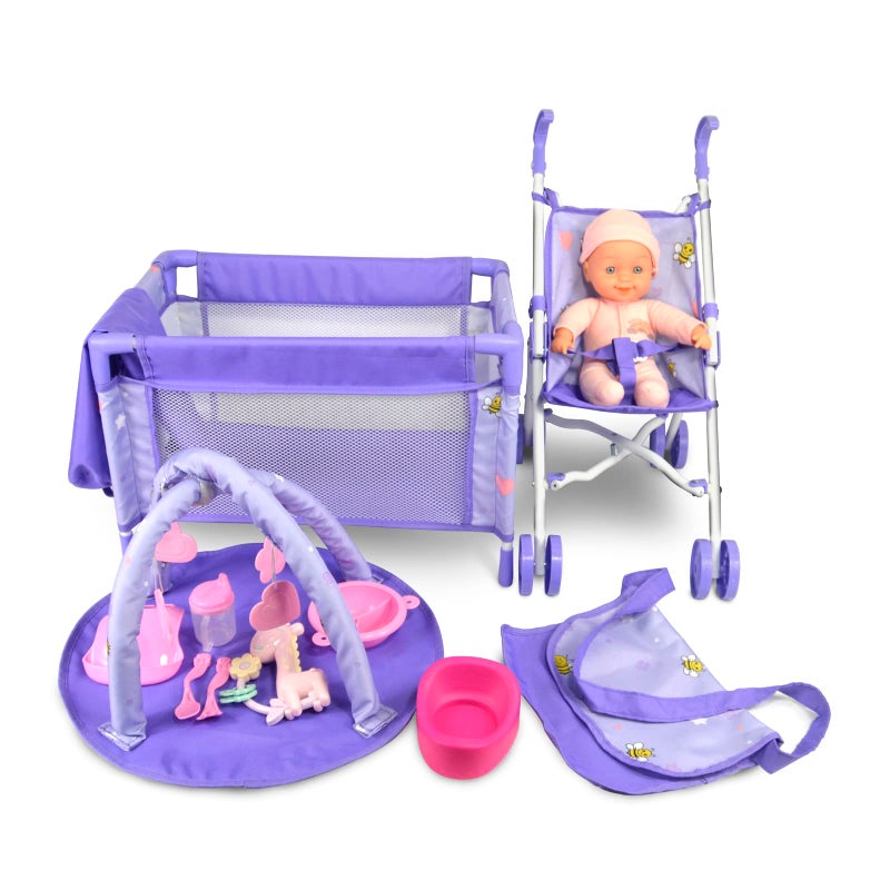 ANIVIA Baby Doll Stroller Set Includes Stroller Crib Play Mat Feeding Toy Diaper Bag Nursery Role Play Set 11 Doll Included - Image 2
