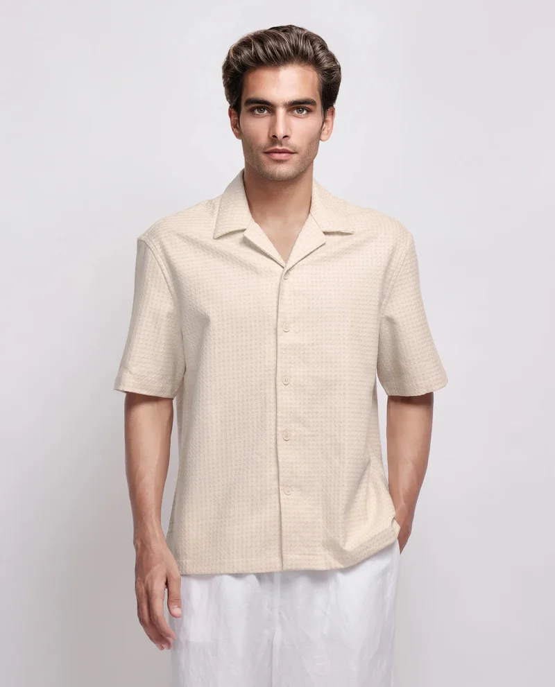 Rare Rabbit Rare Rabbit Men's Fei Ss Beige Cotton Fabric Short Sleeve Collared Neck Button Closure Textured Shirt