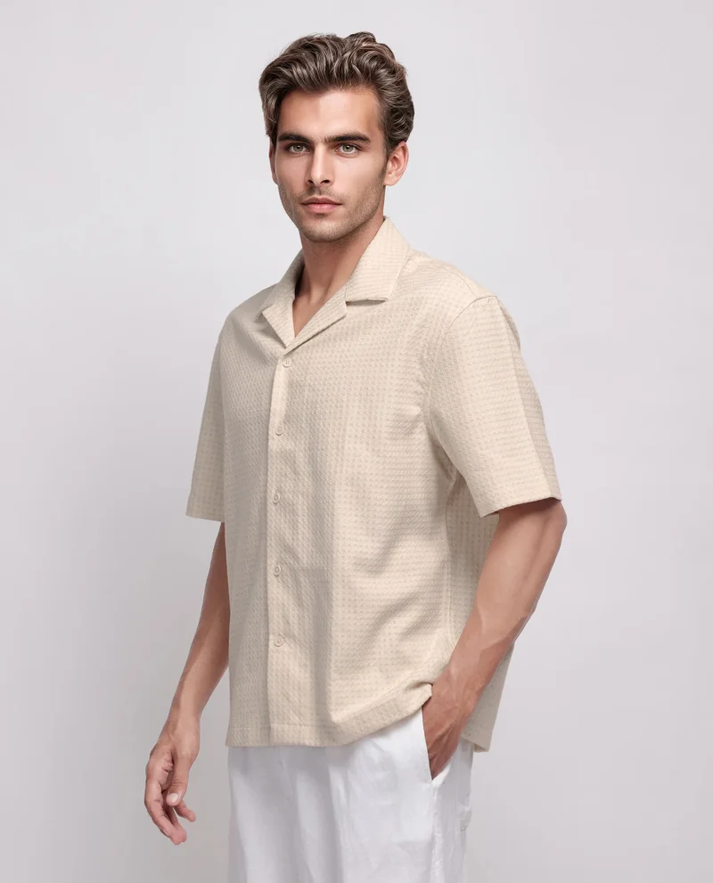 Rare Rabbit Rare Rabbit Men's Fei Ss Beige Cotton Fabric Short Sleeve Collared Neck Button Closure Textured Shirt