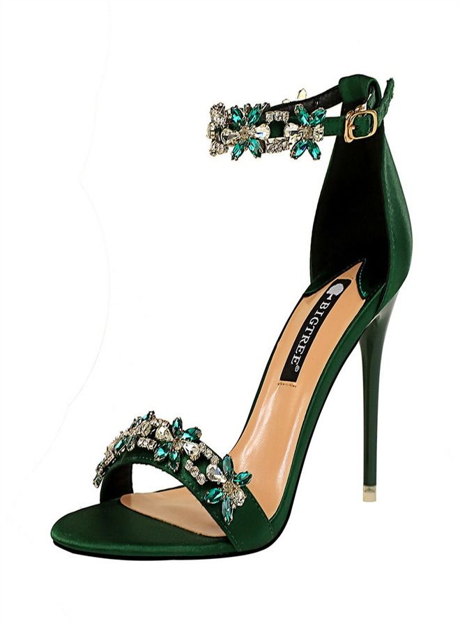 BIGTREE Satin Open-Toe Rhinestones With High-Heeled Sandals 9CM Green - Image 2