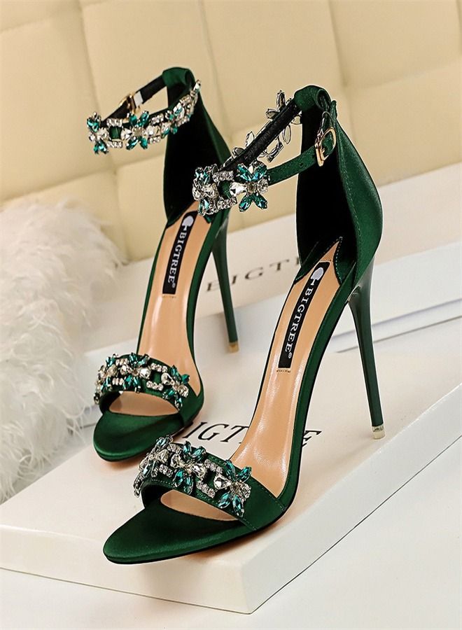 BIGTREE Satin Open-Toe Rhinestones With High-Heeled Sandals 9CM Green - Image 1