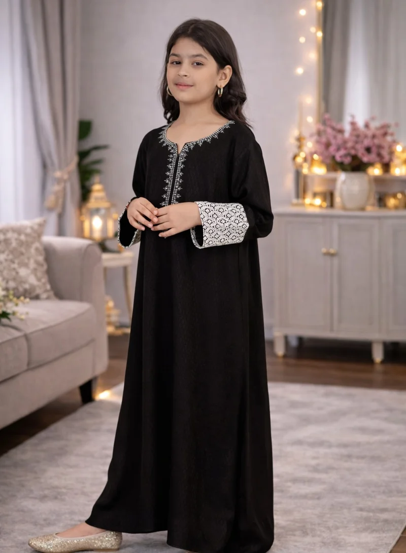 Artemea  SOFT GRACIOUS DIAMOND PATTERNED RAYON JALABIYAWITH EMBROIDERY AND LACE DETAILS ON SLEEVES for Women | Best Price UAE