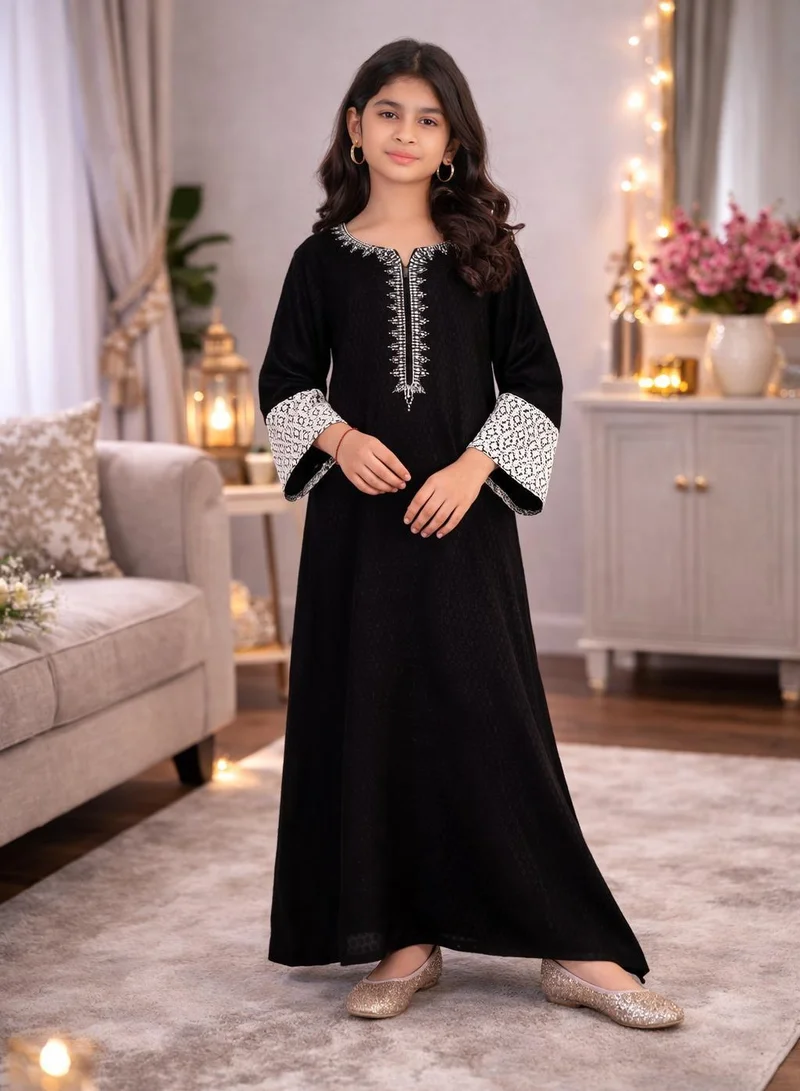 Artemea SOFT GRACIOUS DIAMOND PATTERNED RAYON JALABIYAWITH EMBROIDERY AND LACE DETAILS ON SLEEVES
