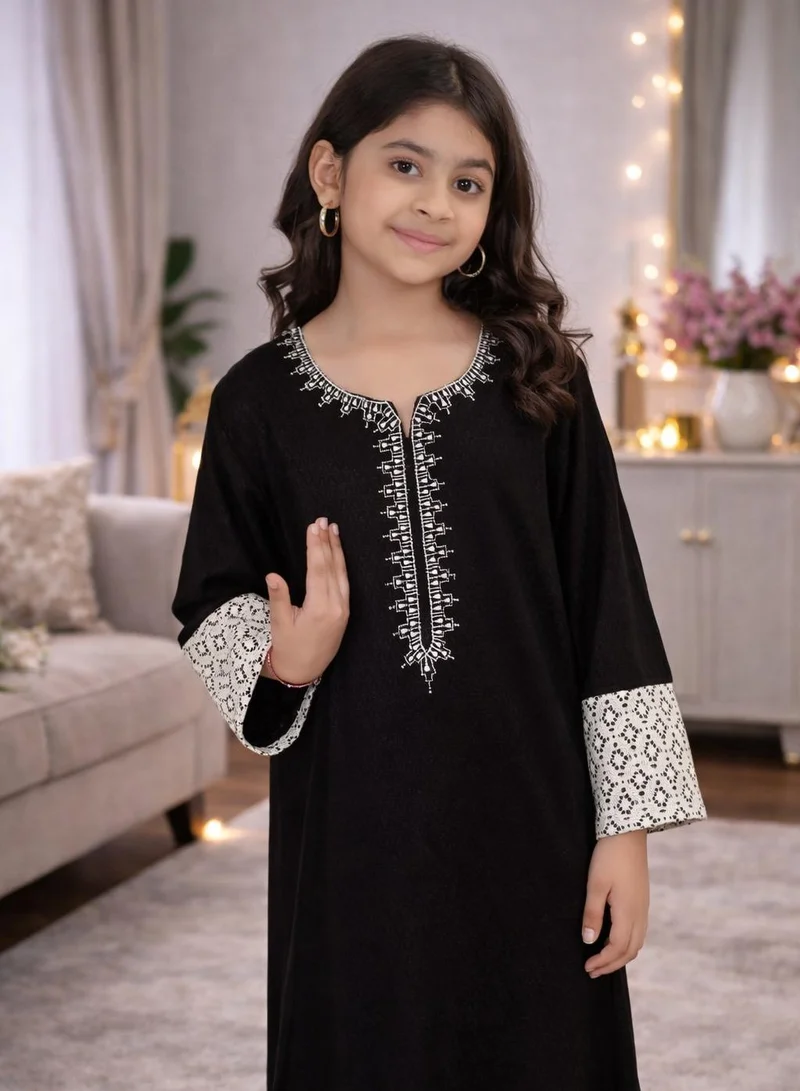 Artemea SOFT GRACIOUS DIAMOND PATTERNED RAYON JALABIYAWITH EMBROIDERY AND LACE DETAILS ON SLEEVES