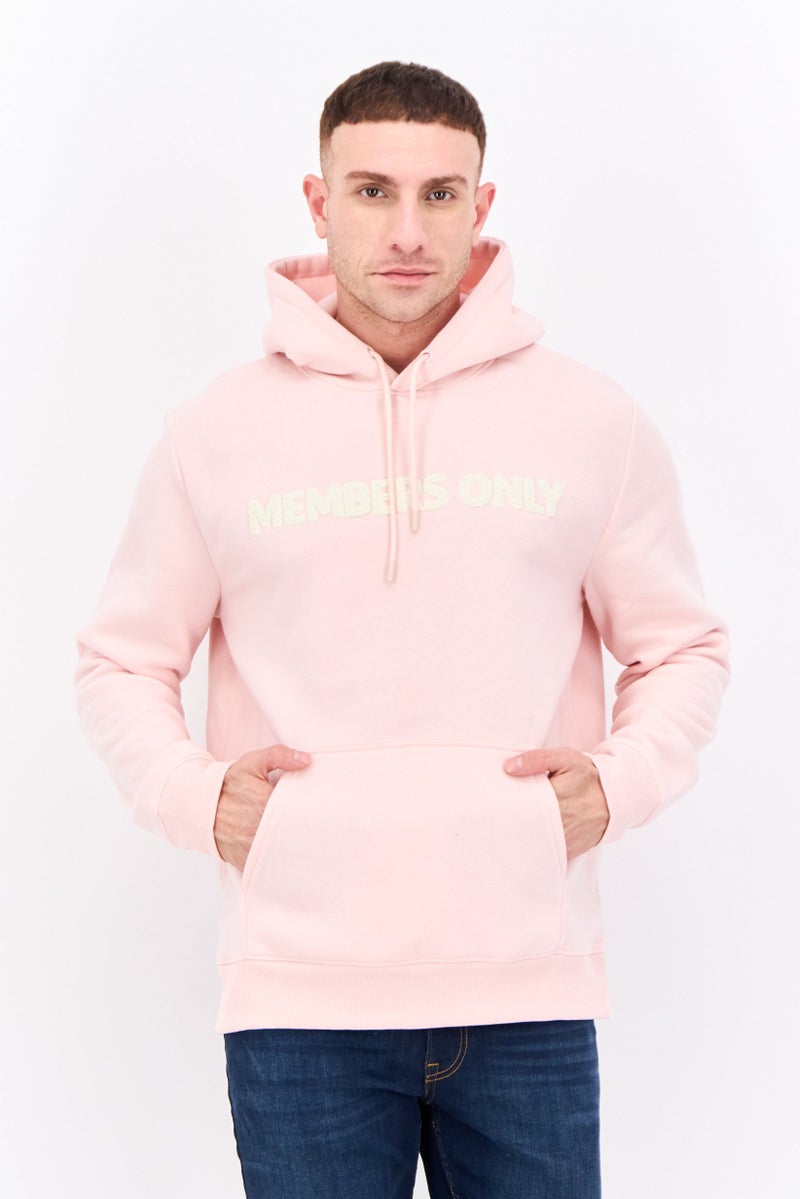 MEMBERS ONLY سويت شيرت طويل الأكمام بقلنسوة للرجال مع شعار مطرز، وردي - Image 1