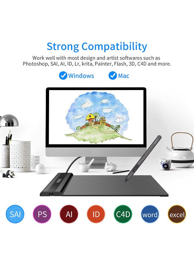 Veikk - S640 Graphics Drawing Tablet 6 x 4 Inch Active Area 8192 Levels Pressure Art Graphics Tablet with Battery-free Stylus 8 Pen Nibs Compatible with Windows Mac OS Android - Image 1