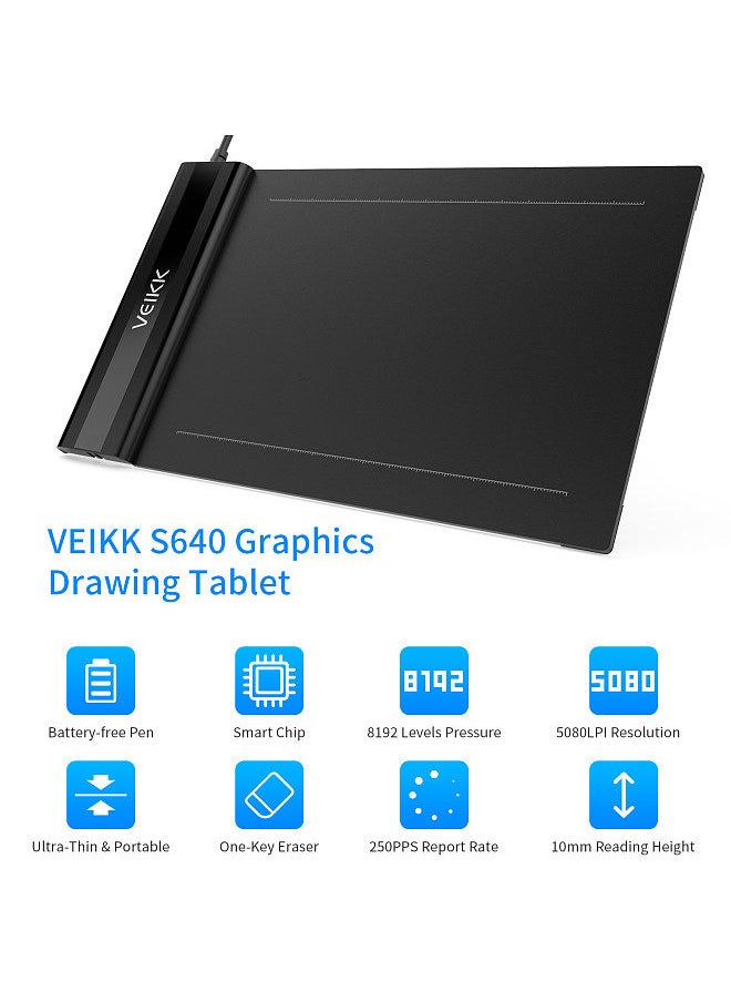 Veikk - S640 Graphics Drawing Tablet 6 x 4 Inch Active Area 8192 Levels Pressure Art Graphics Tablet with Battery-free Stylus 8 Pen Nibs Compatible with Windows Mac OS Android - Image 1