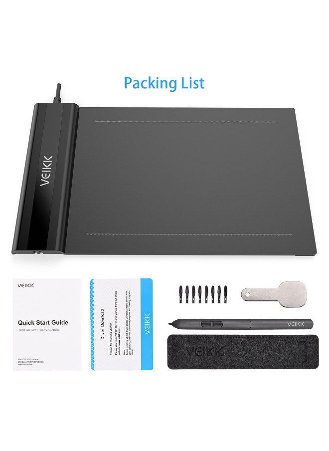 Veikk - S640 Graphics Drawing Tablet 6 x 4 Inch Active Area 8192 Levels Pressure Art Graphics Tablet with Battery-free Stylus 8 Pen Nibs Compatible with Windows Mac OS Android - Image 1