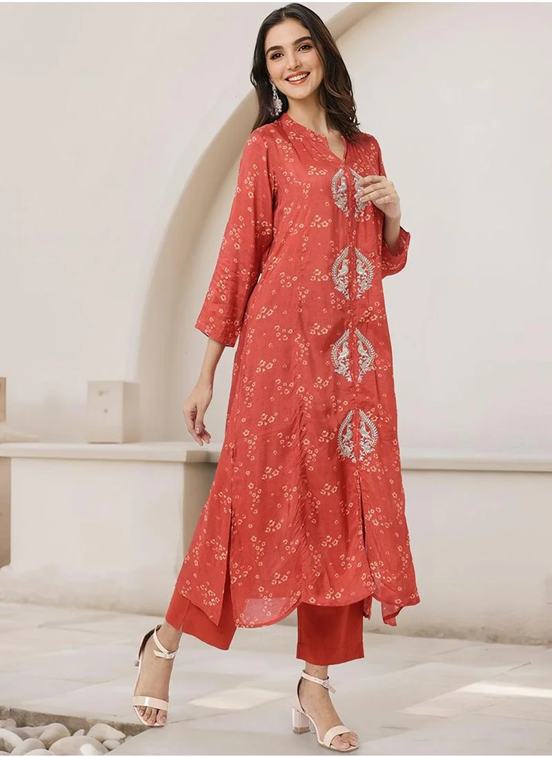 آي شين Women's Red Muslin Silk Embellished Tunic Full Length Palazzo Straight Fit Kurta Set