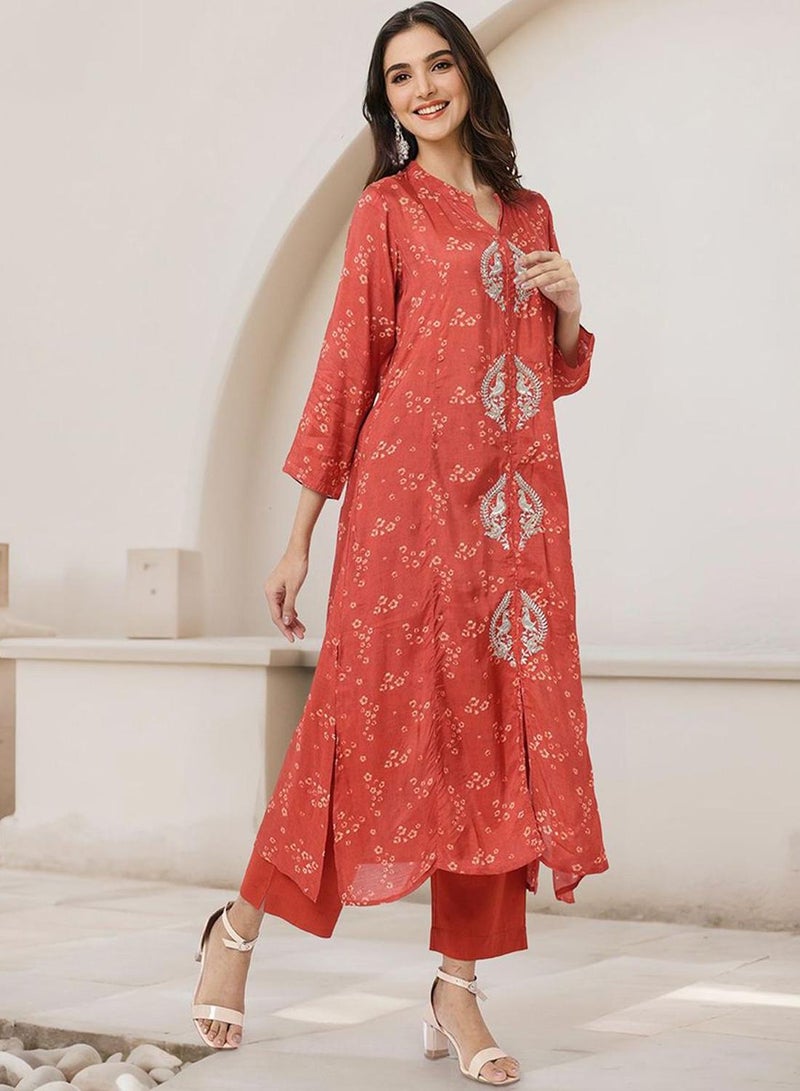 ISHIN Women's Red Muslin Silk Embellished Tunic Full Length Palazzo Straight Fit Kurta Set  - Image 3
