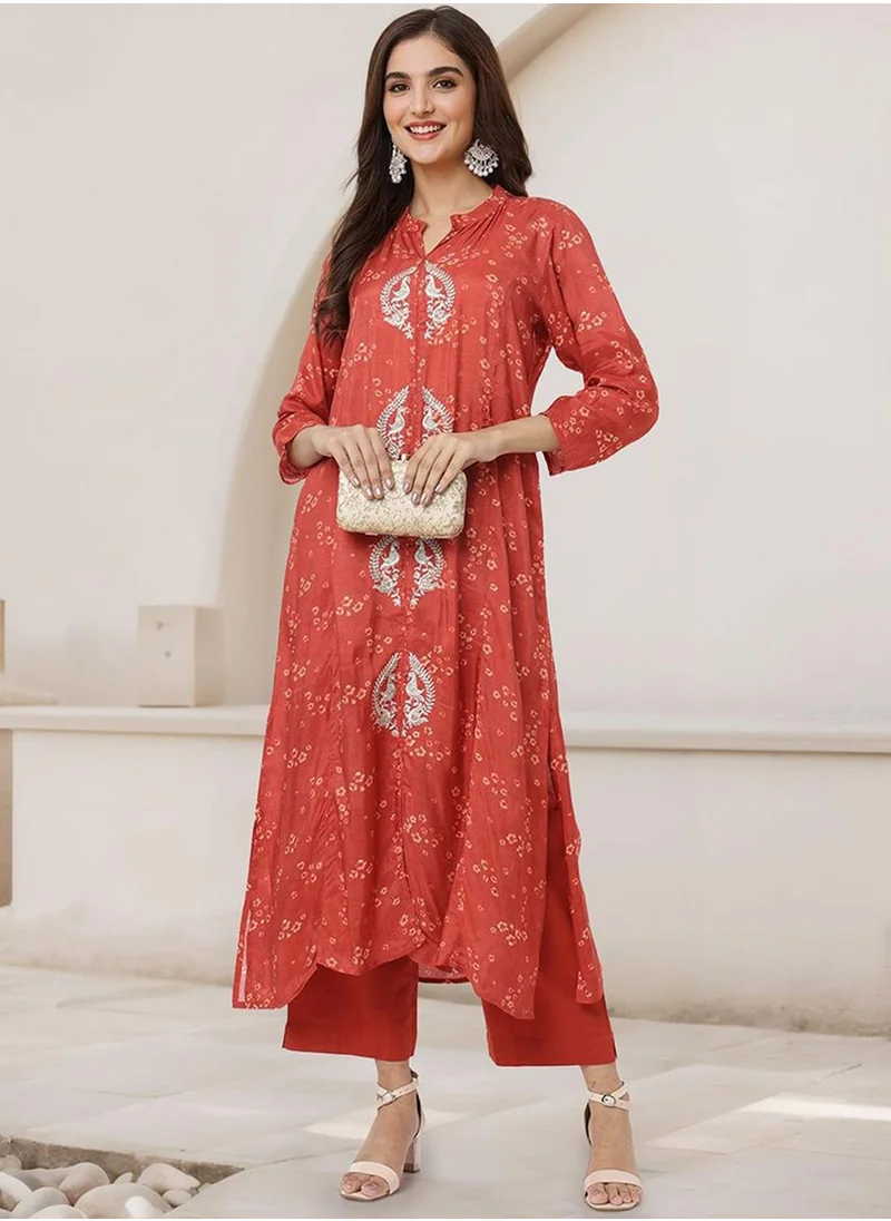 آي شين Women's Red Muslin Silk Embellished Tunic Full Length Palazzo Straight Fit Kurta Set