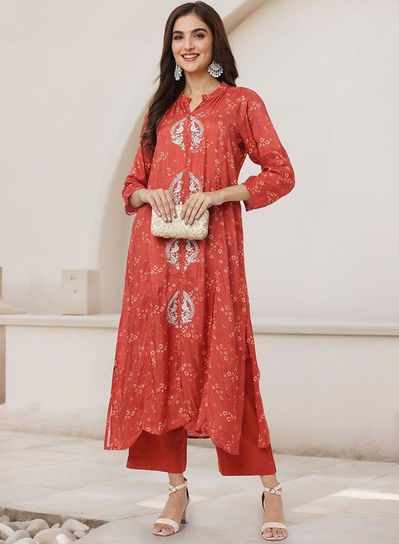 ISHIN Women's Red Muslin Silk Embellished Tunic Full Length Palazzo Straight Fit Kurta Set  - Image 5
