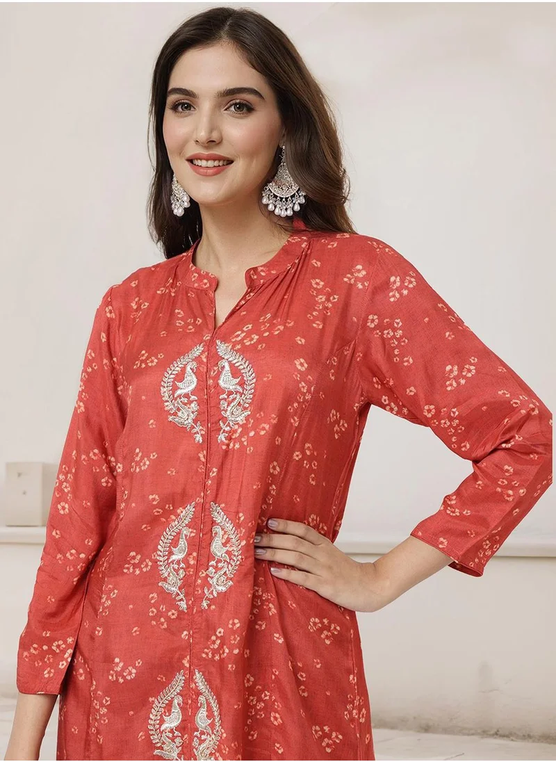 آي شين Women's Red Muslin Silk Embellished Tunic Full Length Palazzo Straight Fit Kurta Set
