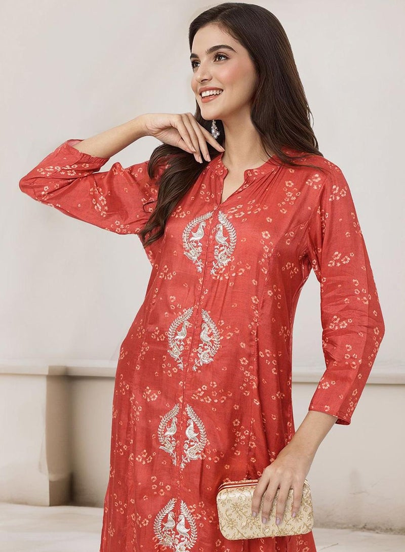 ISHIN Women's Red Muslin Silk Embellished Tunic Full Length Palazzo Straight Fit Kurta Set  - Image 1