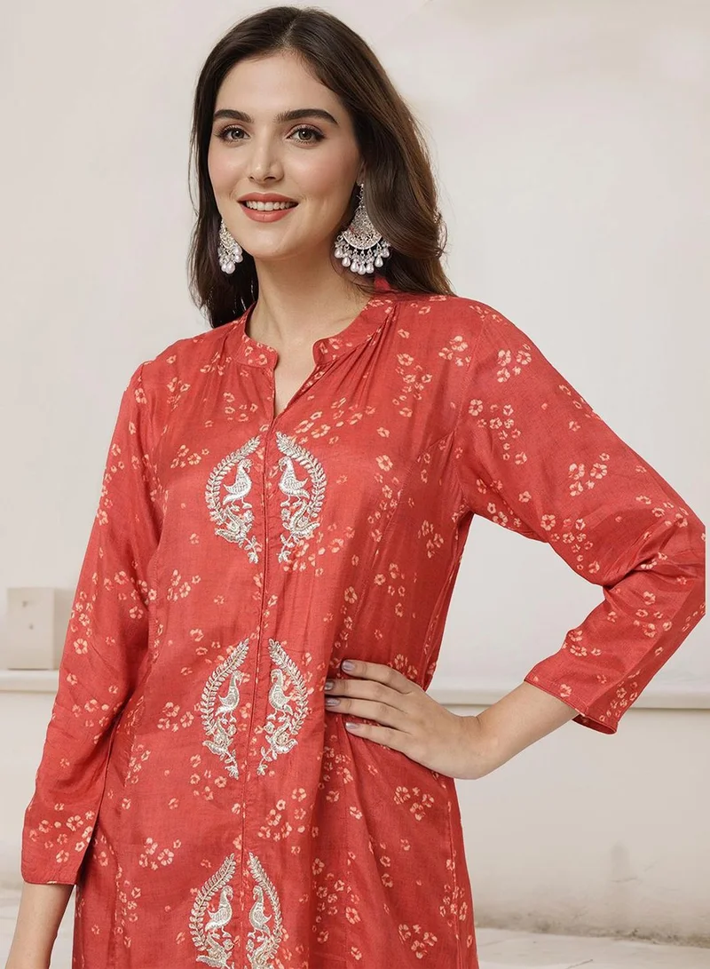 ISHIN Women's Red Muslin Silk Embellished Tunic Full Length Palazzo Straight Fit Kurta Set