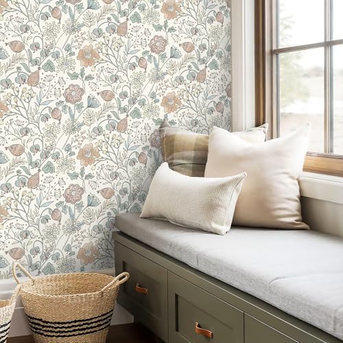 HeloHo Peel and Stick Wallpaper Floral Boho Contact Paper Self Adhesive Removable Waterproof Wallpaper for Bedroom Bathroom Beige/Pink Flower Leaf Nursery Botanical Wall Paper 16.1" X 118" - Image 3