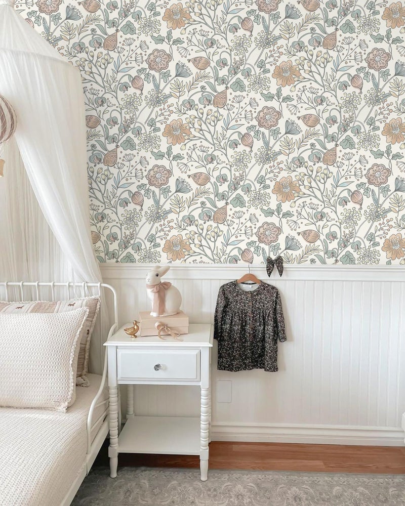 HeloHo Peel and Stick Wallpaper Floral Boho Contact Paper Self Adhesive Removable Waterproof Wallpaper for Bedroom Bathroom Beige/Pink Flower Leaf Nursery Botanical Wall Paper 16.1" X 118" - Image 4