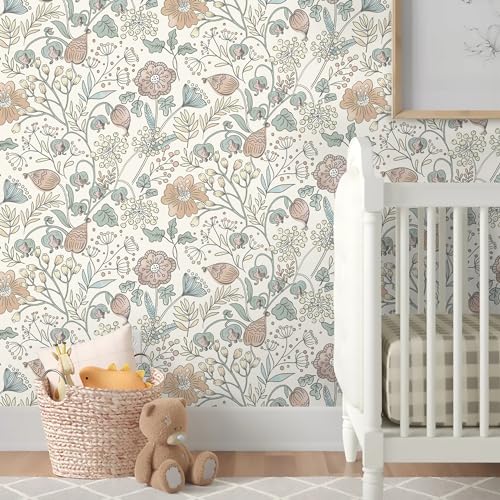 HeloHo Peel and Stick Wallpaper Floral Boho Contact Paper Self Adhesive Removable Waterproof Wallpaper for Bedroom Bathroom Beige/Pink Flower Leaf Nursery Botanical Wall Paper 16.1" X 118" - Image 2