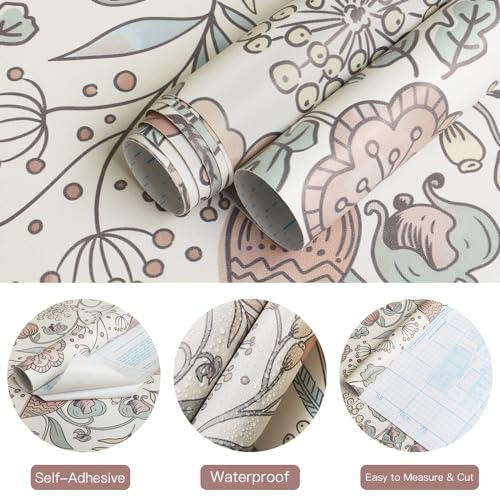 HeloHo Peel and Stick Wallpaper Floral Boho Contact Paper Self Adhesive Removable Waterproof Wallpaper for Bedroom Bathroom Beige/Pink Flower Leaf Nursery Botanical Wall Paper 16.1" X 118" - Image 5