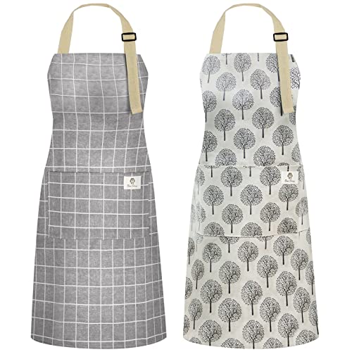 NLUS 2 Pack Waterproof Cooking Aprons, Adjustable Bib Soft Chef Apron with 2 Pockets for Men Women (Gray Stripe/Gray Trees) - Image 1