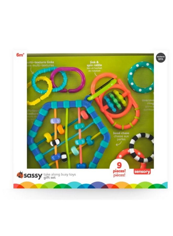 ساسي مجموعة Sassy Busy Bands Take Along، أدوات التسنين والألعاب، لعبة أطفال، لعبة نشاط، لعبة حسية للأطفال الصغار والرضع والرضع، متوسطة الحجم - Image 1