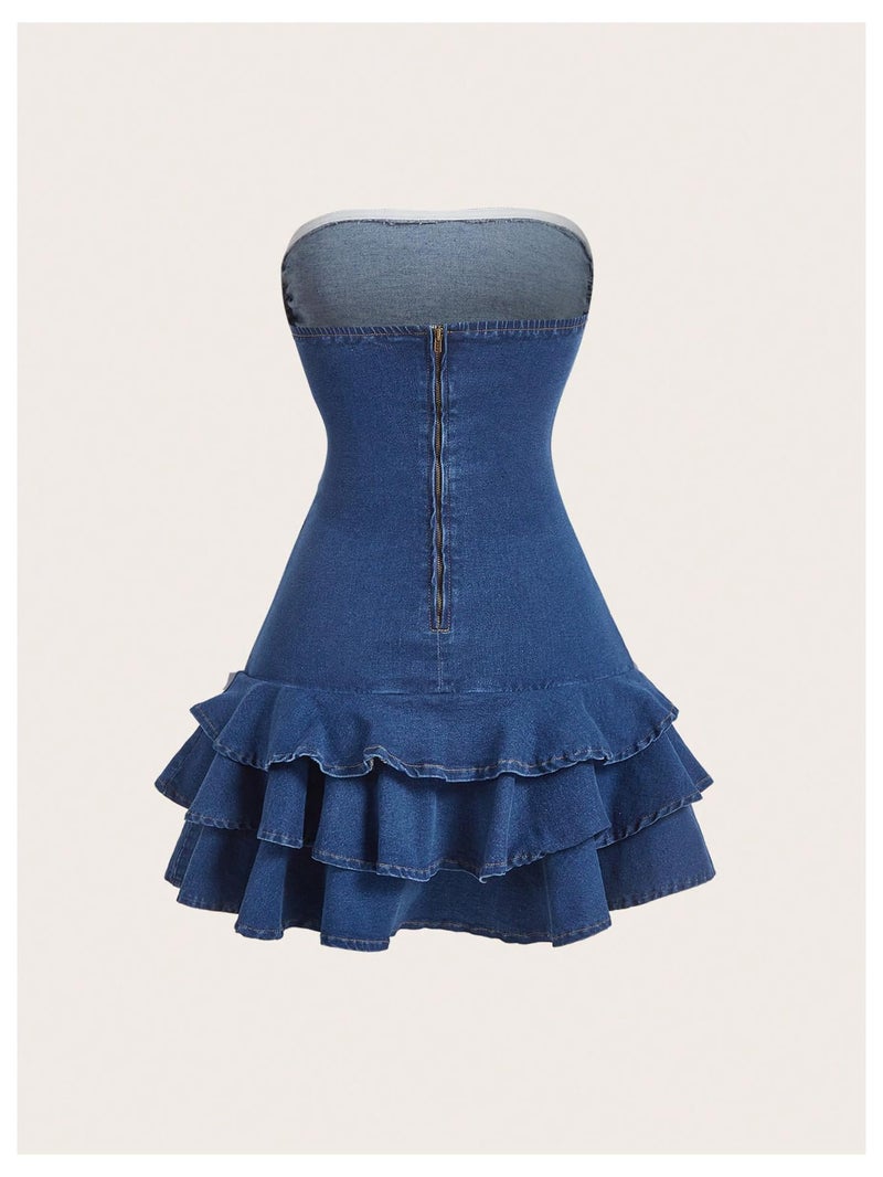 WDIRARA Women's Strapless Denim Mini Dress Bandeau Layered Ruffle A Line Bow Dresses - Image 2