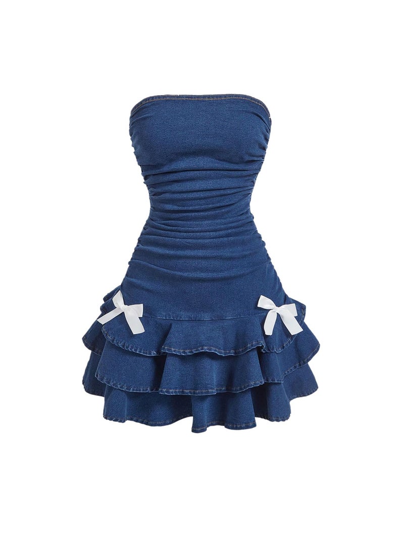 WDIRARA Women's Strapless Denim Mini Dress Bandeau Layered Ruffle A Line Bow Dresses - Image 1
