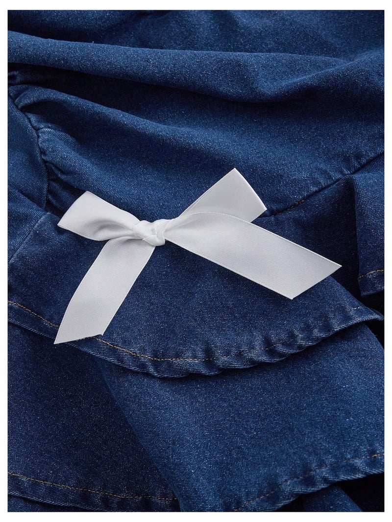 WDIRARA Women's Strapless Denim Mini Dress Bandeau Layered Ruffle A Line Bow Dresses - Image 3