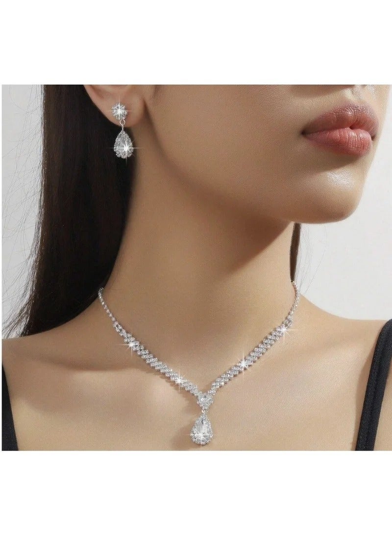 Pure White Silver Water Drop Necklace And Earring Set – 3 Elegant Pieces For Special Occasions - Image 1