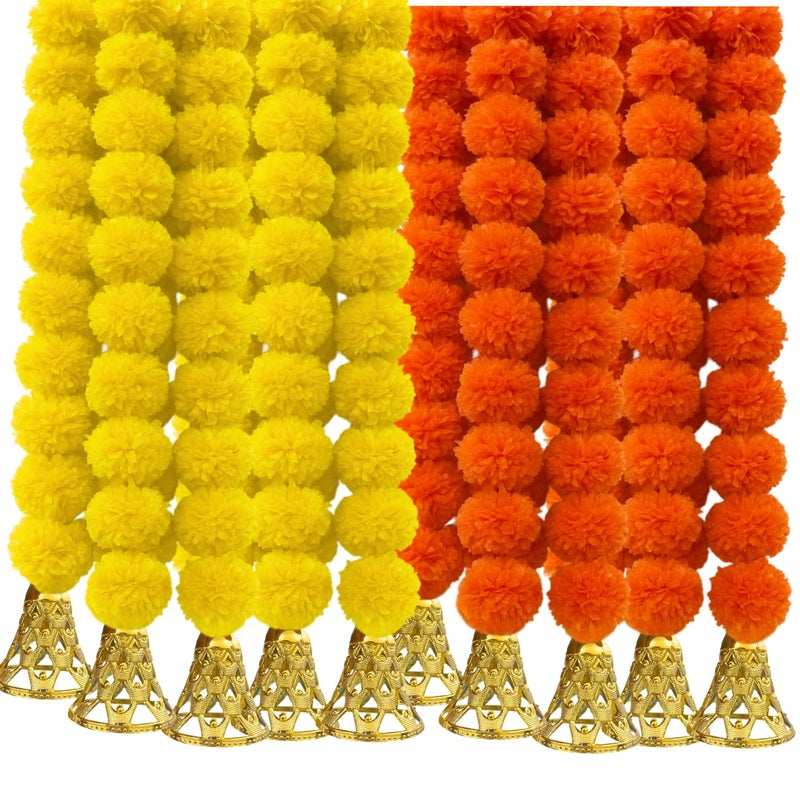 DRYPHON Marigold Garlands Decorations with Bell, Artificial Flowers for Decoration Hanging Garlands for Home Decor, Ganpati Decorations/Diwali Decoration for Home- (Yellow & Orange, Pack of 10) - Image 5