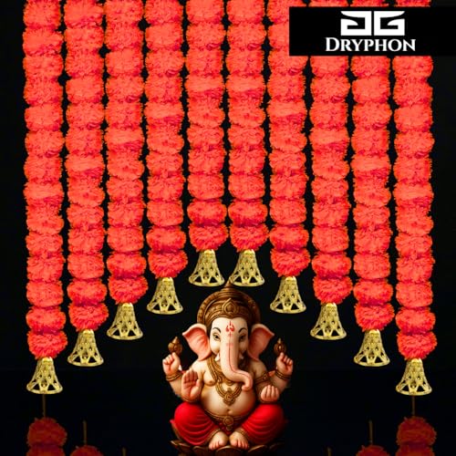 DRYPHON Marigold Garlands Decorations with Bell, Artificial Flowers for Decoration Hanging Garlands for Home Decor, Ganpati Decorations/Diwali Decoration for Home- (Yellow & Orange, Pack of 10) - Image 2