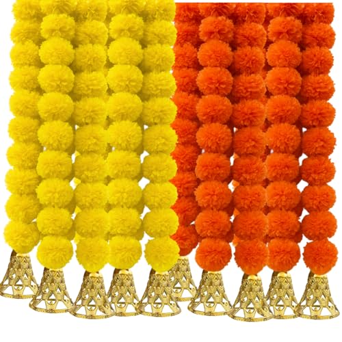 DRYPHON Marigold Garlands Decorations with Bell, Artificial Flowers for Decoration Hanging Garlands for Home Decor, Ganpati Decorations/Diwali Decoration for Home- (Yellow & Orange, Pack of 10) - Image 1